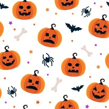 Halloween pattern with different pumpkins, spooky jack o lantern, spiders and Illustration