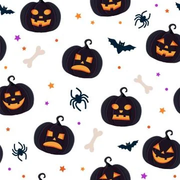 Halloween pattern with different pumpkins, spooky jack o lantern, spiders and Ilustración de archivo