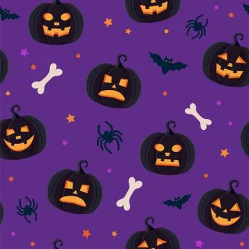 Halloween pattern with different pumpkins, spooky jack o lantern, spiders and Illustrazione stock