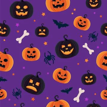 Halloween pattern with different pumpkins, spooky jack o lantern, spiders and Illustration