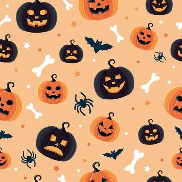 Halloween pattern with different pumpkins, spooky jack o lantern, spiders and Stock Illustration