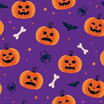 Halloween pattern with dirrefent pumpkins, spooky jack o lantern, spiders and Illustration