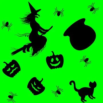 A Halloween pattern featuring silhouettes of a witch, pumpkins, a cat, and s Stock Illustration