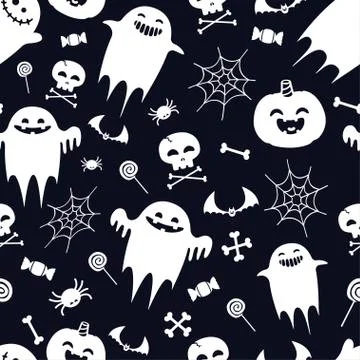 Halloween pattern with ghosts and pumpkins, bats, cobwebs, skulls Illustrazione stock