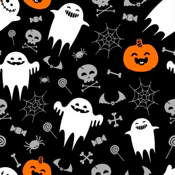 Halloween pattern with ghosts and pumpkins, bats, cobwebs, skulls Illustrazione stock