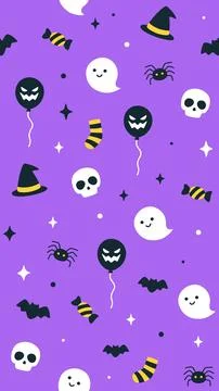 Halloween Pattern with Ghosts Skulls Balloons Bats and Witch Hats Ilustración de archivo