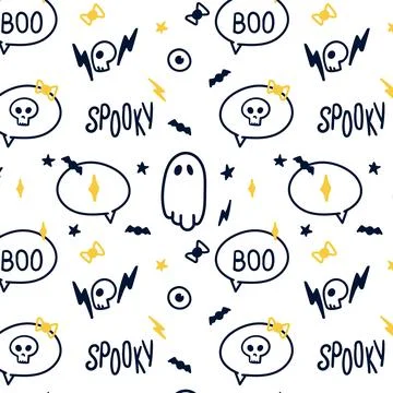 Halloween pattern, ghosts, text, bats. Stock Illustration