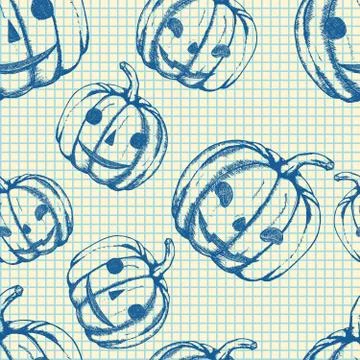 Halloween pattern, hand drawn sketch pumpkins Stock Illustration
