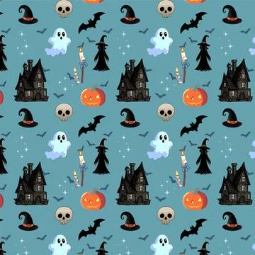 Halloween Pattern with Haunted House and Ghosts Stock Illustration