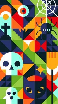 Halloween Pattern in Mint Green Orange with Skull Cat Spider Tombstone Stock Illustration