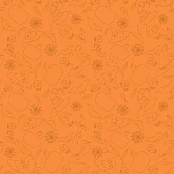 Halloween pattern, orange background with illustration - holiday hat, spider  Stock Illustration