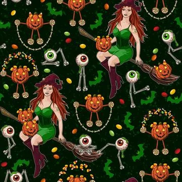 Halloween pattern with pretty witch, kid pumpkins Stock Illustration