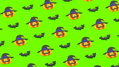 Halloween Pattern with Pumpkin and Bats. Flat style. 8K, green chromakey Stock Photos