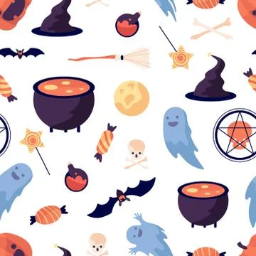 Halloween pattern. Pumpkin bat witch broomstick and hat. Party elements print Stock Illustration