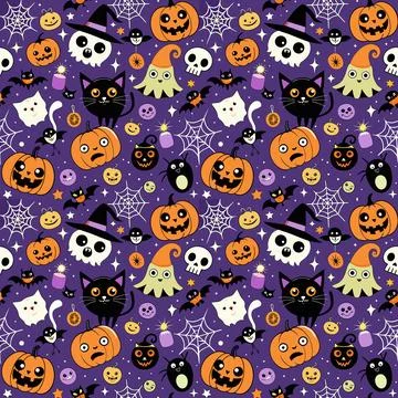 Halloween pattern with pumpkin, ghost, skull, skull. vector Stock Illustration
