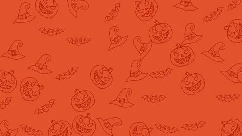 Halloween Pattern - Pumpkins, Bats, and Witch Hats on Orange Background. Illustrazione stock