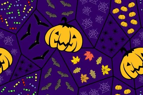 Halloween pattern with pumpkins, bats, spiders, cobwebs, owls and candy Ilustração Stock