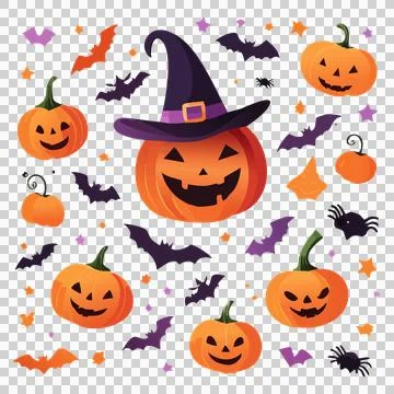 Halloween Pattern with Pumpkins, Bats, Witch Hats on white background Stock Illustration