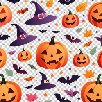 Halloween Pattern with Pumpkins, Bats, Witch Hats and Candies. Stock Illustration