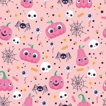 Halloween pattern with pumpkins, spiders and skulls on a pink background Stock Illustration