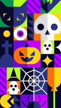 Halloween Pattern in Purple Orange Yellow with Skull Cat Pumpkin Stock Illustration