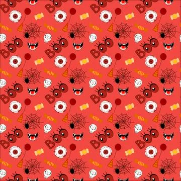 Halloween pattern, red background with images - holiday hat, lettering, spide Stock Illustration
