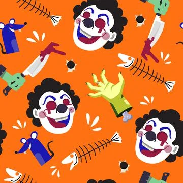 Halloween pattern repeating horror clown bloody dead icons Stock Illustration