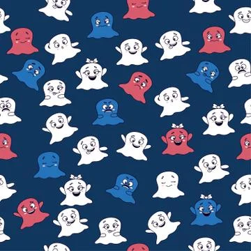 Halloween pattern. Seamless pattern with cute little cartoon ghosts. White, blue Illustrazione stock