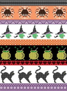 Halloween pattern with spider, spider web , witch, cat, cauldron, ornaments Stock Illustration
