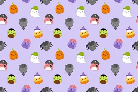 Halloween pattern with squishmallow tomb, ghost, pirate, zombie, candy corn 스톡 일러스트