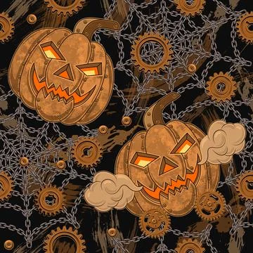 Halloween pattern in steampunk style with pumpkin, rusty gears, steel chains Stock Illustration