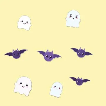 Halloween pattern with tiny ghosts and bats on pastel yellow background for.. Иллюстрация