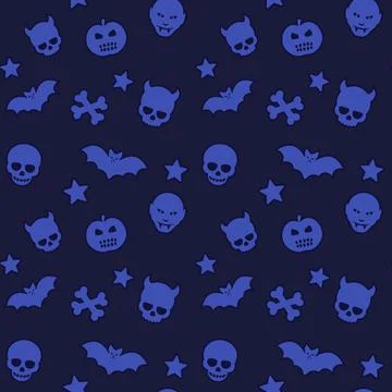 Halloween pattern, vector seamless background with skulls, bats, pumpkins, va Stockillustratie