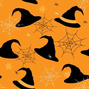 Halloween pattern with web, stars and witch hat Stock Illustration