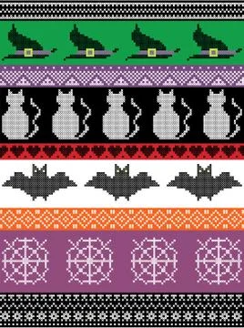 Halloween pattern with witch hat, spider web, heart shape, cat Stock Illustration
