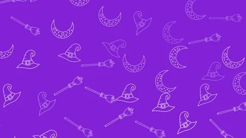 Halloween Pattern - Witch Hats, Brooms, and Moons on Purple Background. Stock Footage 319246902