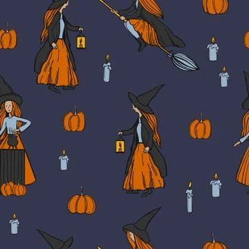 Halloween  pattern with witches. Stock Illustration