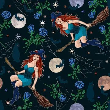 Halloween pattern with young witch holiday symbols 스톡 일러스트