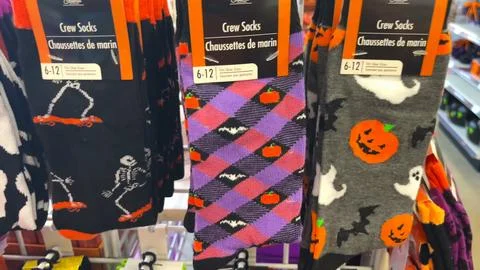 Halloween Patterned Crew Socks on Display Stock Photos