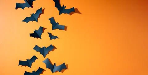 Halloween photo of black bats flying up on blank orange background. Stock Photos