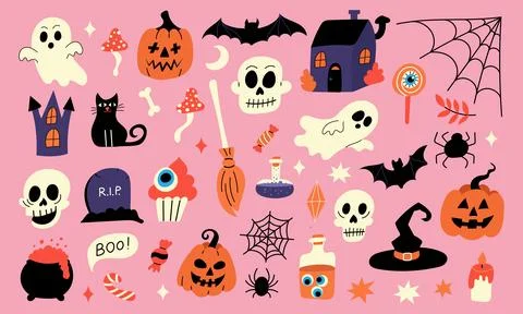 Halloween pink doodle set with ghosts pumpkins and bats Stock Illustration