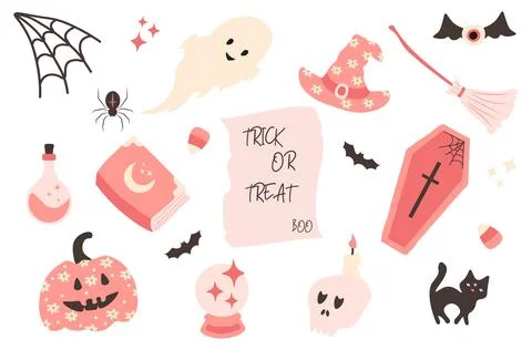 Halloween pink elements set. Cute decor of magical elements in a simple nai.. Illustrazione stock