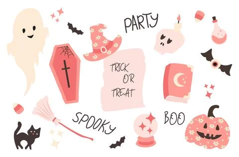 Halloween pink elements set. Cute decor of magical elements in a simple nai.. イラスト素材