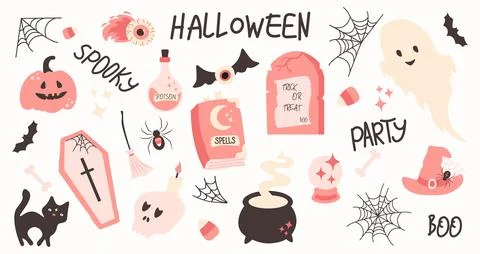 Halloween pink elements set. Cute decor of magical elements in a simple nai.. イラスト素材