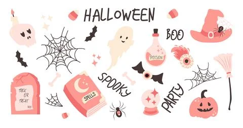 Halloween pink elements set. Cute decor of magical elements in a simple nai.. Illustrazione stock