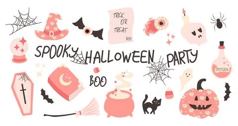 Halloween pink elements set. Cute decor of magical elements in a simple nai.. イラスト素材