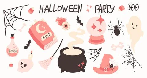 Halloween pink elements set. Cute decor of magical elements in a simple nai.. イラスト素材