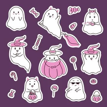 Halloween pink ghost set in line art style. Happy halloween spooky characters Stock Illustration