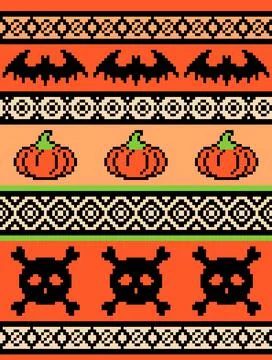 Halloween, pixel art. seamless pattern with bats hats and skulls Stock Illustration