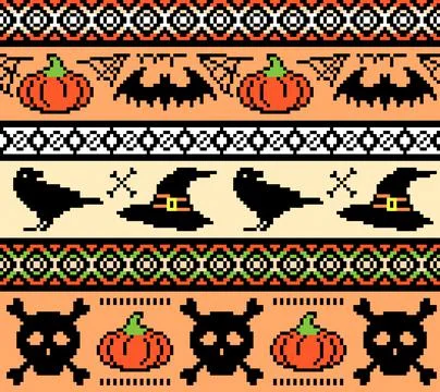 Halloween, pixel art. seamless pattern with bats hats and skulls Stock Illustration